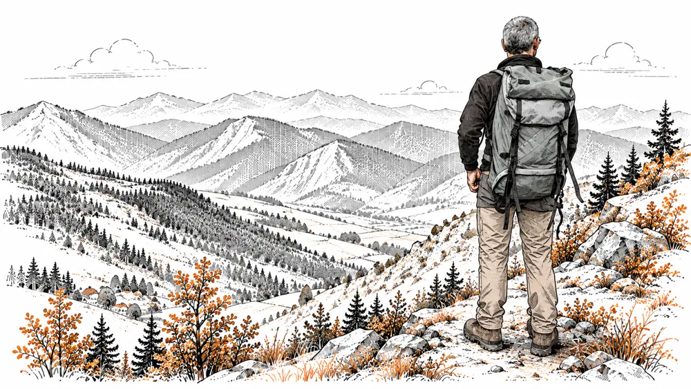 Illustrazione: un escursionista guarda dall'alto le valli boscose dell'Appennino