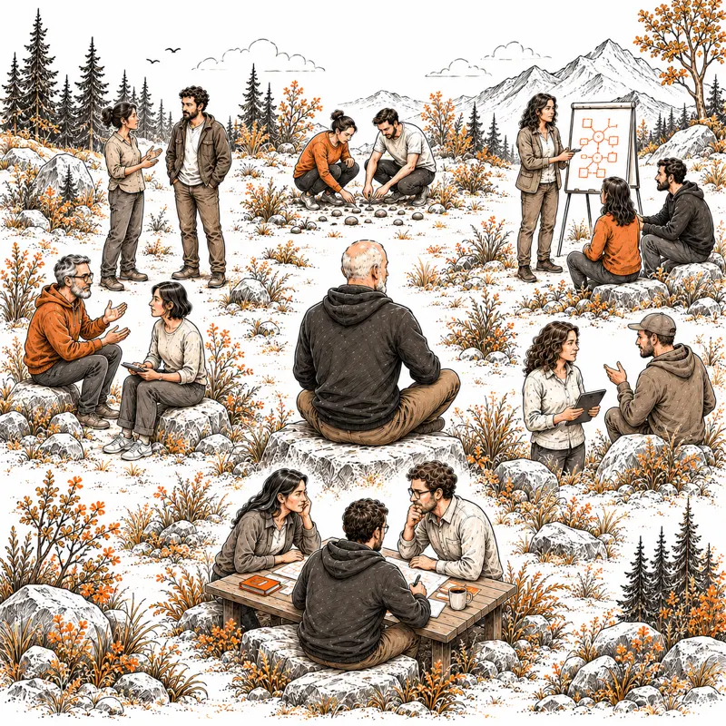 Illustrazione: professionisti che dialogano e lavorano insieme nella natura