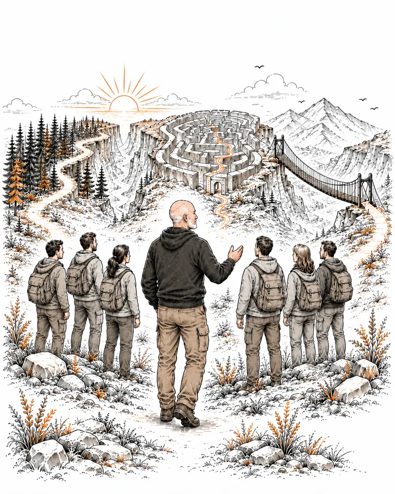 Illustrazione: un gruppo con gli zaini guarda un territorio con un labirinto e un ponte sospeso