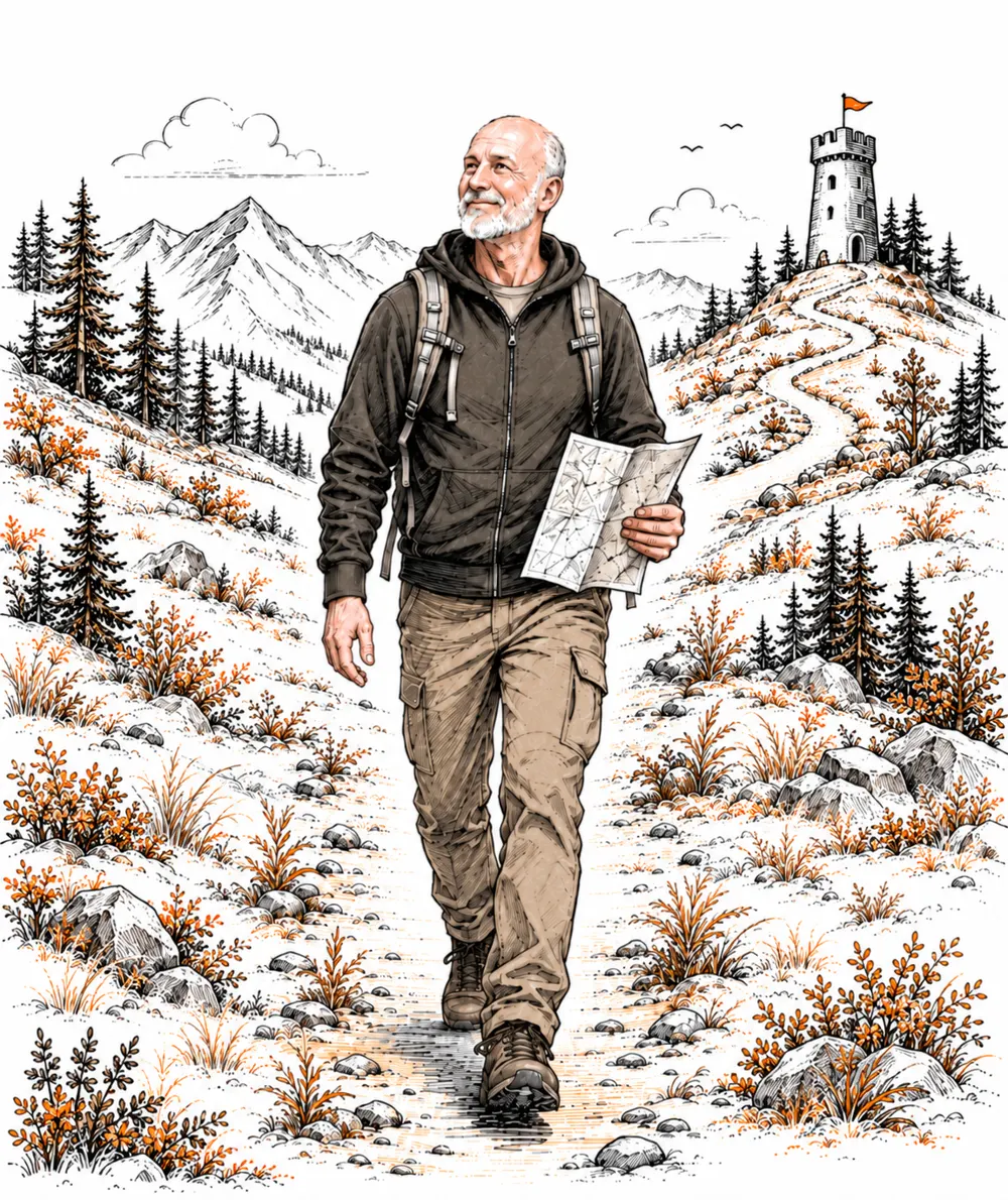Illustrazione: Massimo Borgatti cammina su un sentiero con una mappa in mano, verso una torre sulla collina