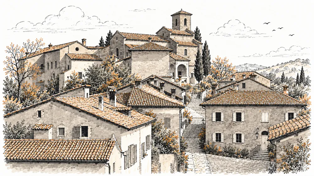 Illustrazione del borgo medievale di Monteveglio con la torre dell'abbazia