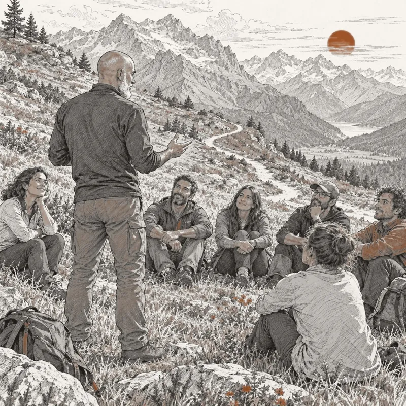 Illustrazione: persone sedute sul prato ascoltano la guida davanti alle montagne