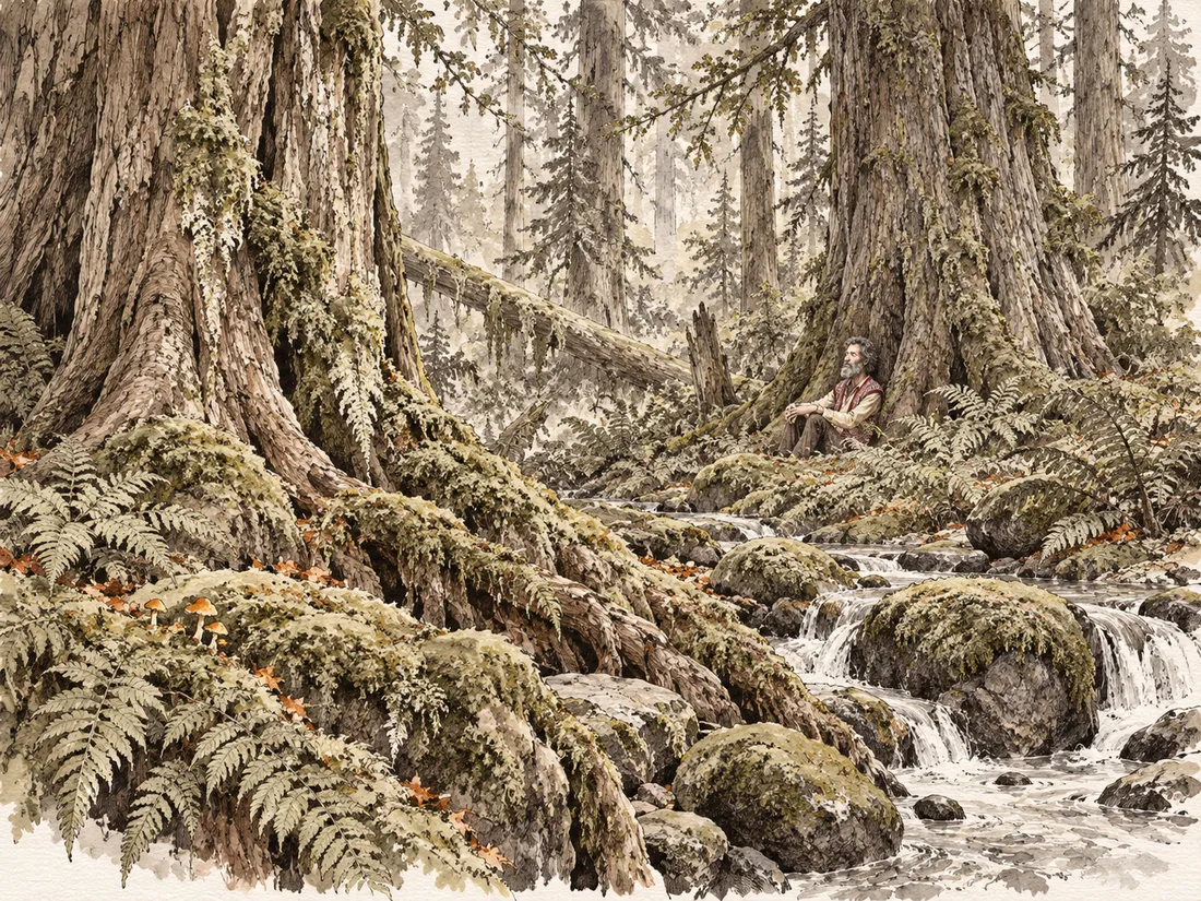 Illustrazione: Andrea seduto ai piedi di grandi alberi, accanto a un torrente tra felci e muschio