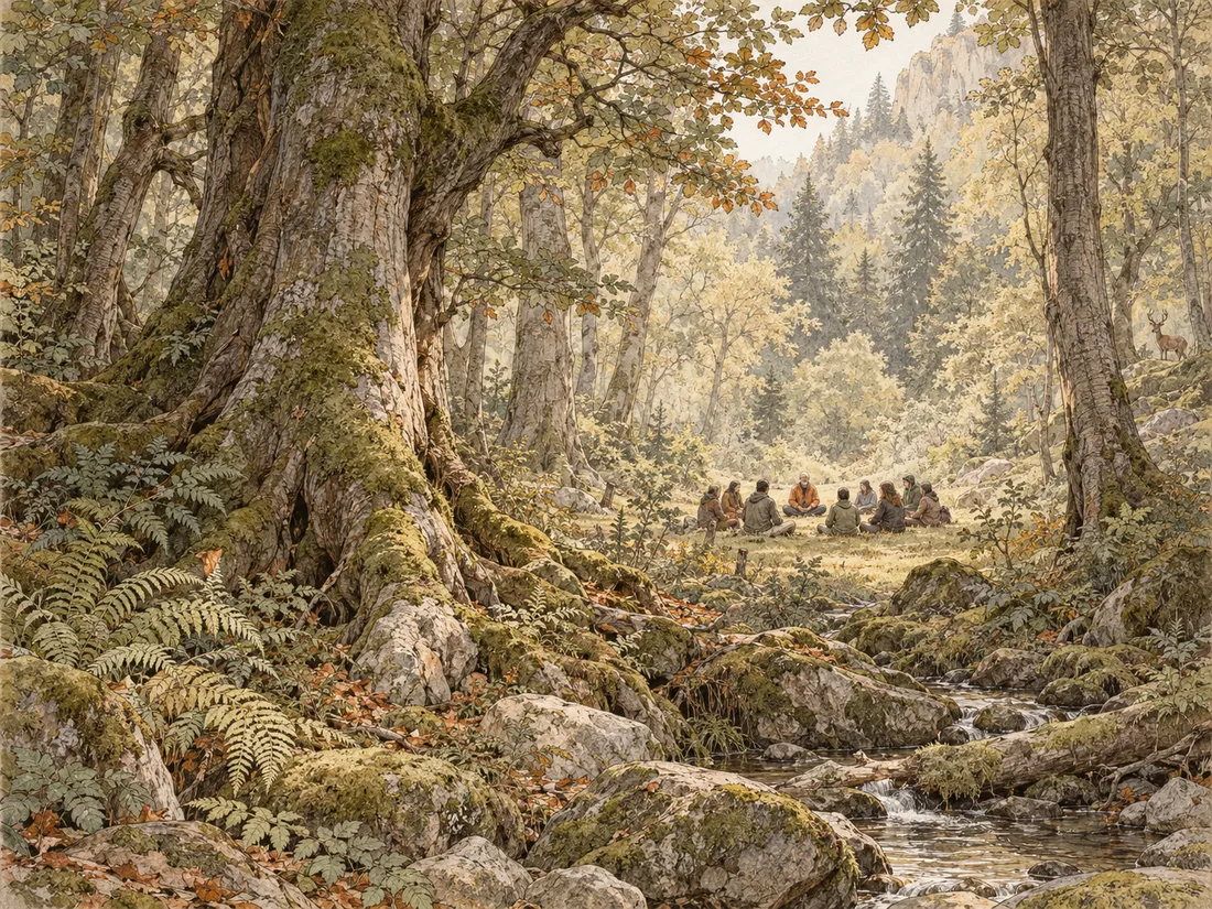 Illustrazione: Massimo seduto in cerchio con un gruppo in una radura del bosco