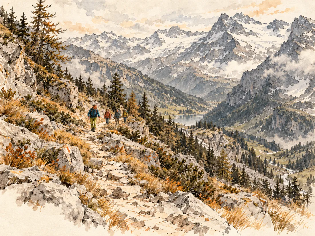 Illustrazione: Guido guida un piccolo gruppo lungo un sentiero di montagna, con le vette innevate sullo sfondo