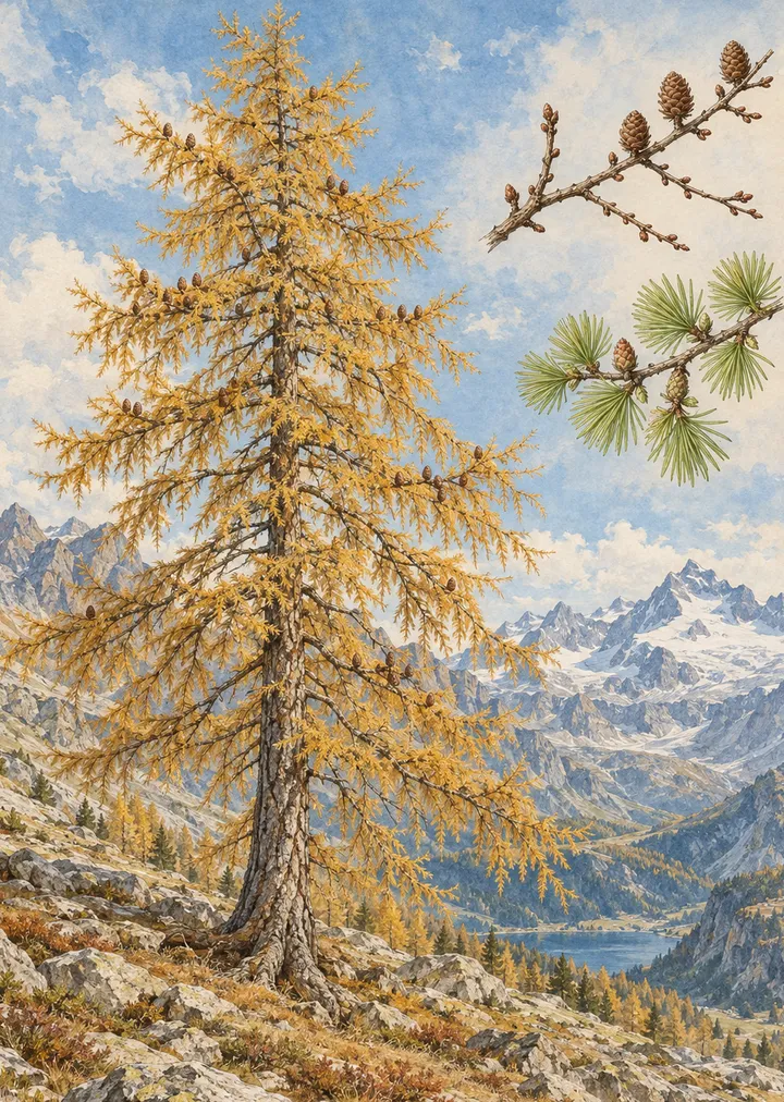 Un larice dorato in autunno su un pendio alpino, con le vette innevate sullo sfondo