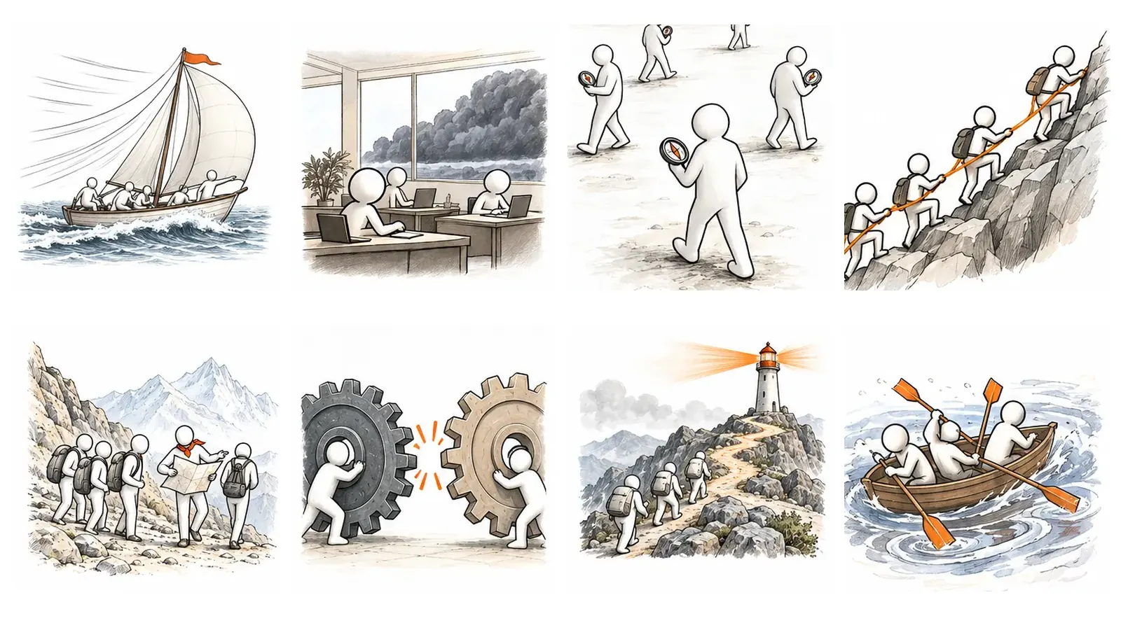 Otto scene illustrate delle mappe: una barca col vento a favore, un temporale all’orizzonte, una cordata, una guida con la mappa, due ingranaggi che non si toccano, un faro, una barca a remi fuori tempo