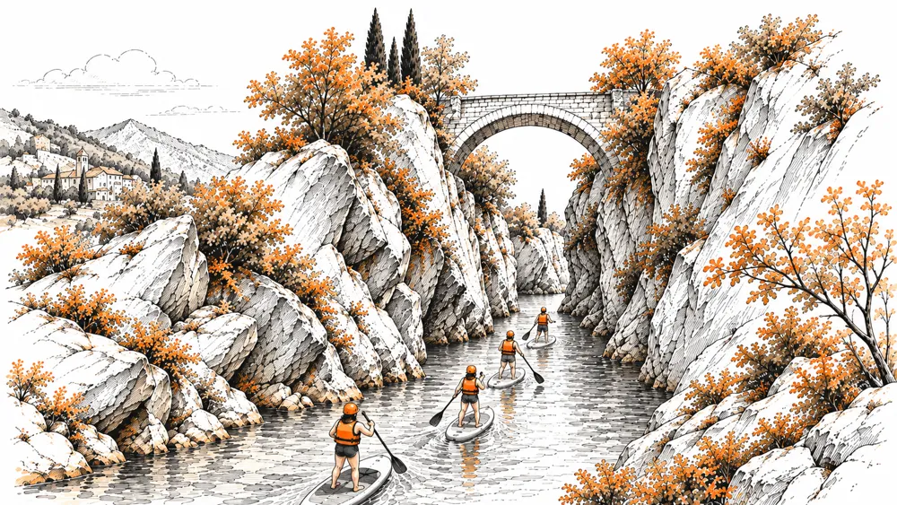 Illustrazione: un gruppo in stand up paddle attraversa un canyon di roccia sotto un ponte in pietra