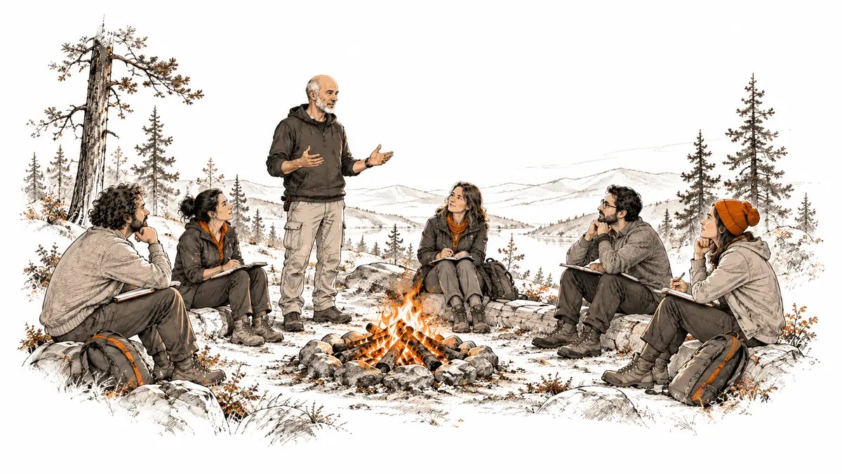 Illustrazione: Massimo Borgatti parla a un gruppo seduto attorno al fuoco, all’aperto